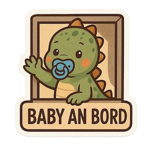 Baby an Bord Dino Sticker – Süßer Autoaufkleber mit Cartoon-Dino und Schnuller – Wetterfest & ideal für Eltern