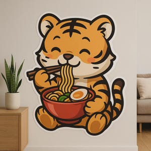 Adhesivo de pared de tigre bebé comiendo ramen: bonito motivo animal de inspiración asiática para la cocina, la habitación de los niños o como regalo para una autocaravana.