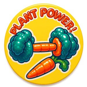 植物パワー！ – ニンジンとブロッコリーで作ったダンベル – 面白い漫画のステッカー – 耐候性 – フィットネスやビーガンユーモアのファンへのギフト