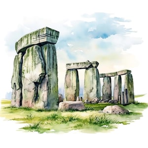 Peut inclure: Illustration à l'aquarelle de Stonehenge, représentant les grandes structures en pierre patinée. L'œuvre d'art représente l'ancien monument sur un champ herbeux sous un ciel nuageux, avec des nuances de vert, de gris et de bleu.