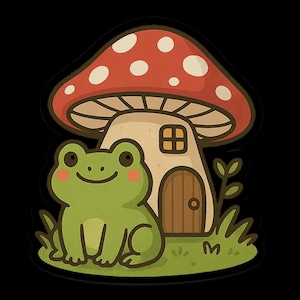 Autocollant mignon grenouille avec maison champignon – Motif animal de dessin animé pour cahiers, ordinateurs portables, bouteilles d'eau et scrapbooking Autocollant nature amusant