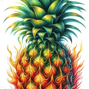 Op de afbeelding: Een levendige illustratie van een ananas in vlammen. De ananas heeft een gedetailleerd ontwerp met groene, gele en oranje tinten. De vlammen rondom de vrucht voegen een dynamisch en opvallend element toe aan het kunstwerk.