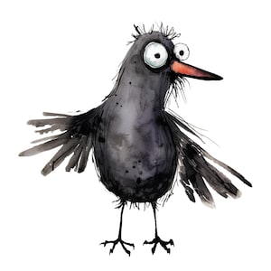 Puede incluir: Ilustración en acuarela de un pájaro negro peculiar con ojos grandes y expresivos y un pico largo y naranja. El pájaro tiene las alas extendidas y una apariencia ligeramente desaliñada, lo que sugiere un personaje juguetón o cómico. Fondo blanco.