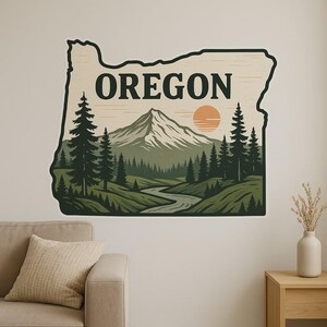 Carte de l'Oregon et autocollant mural paysage motif nature avec contour des montagnes comme autocollant pour mur camping-car ordinateur portable cadeau pour USA extérieur