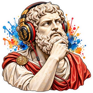 May include: A stone-textured bust of a bearded figure wearing modern black and red headphones with gold laurel leaf accents. The figure is draped in a white and red toga secured with a gold brooch, set against a vibrant blue, orange, and red paint splatter.