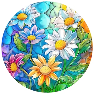 Car Sticker Daisy Stained Glass Sticker Floral Flower Motif Vinyl Decal for Car Laptop Window Decor Colorful Romantic
