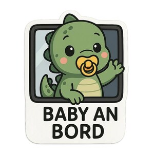 Naklejka na samochód „Baby on Board Dino” – słodka naklejka na samochód z kreskówkowym dinozaurem i smoczkiem – odporna na warunki atmosferyczne i idealna dla rodziców