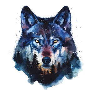 Peut inclure: Peinture à l'aquarelle d'une tête de loup aux yeux jaunes, sur fond de ciel étoilé et de silhouette de forêt. L'œuvre présente des nuances de bleu, de violet et de blanc, créant un design mystique et artistique.