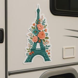 花のエッフェル塔ステッカー。花の要素が入ったロマンチックなパリステッカー。ノートパソコン、車、キャンピングカー、旅行、フランスへのギフトに。