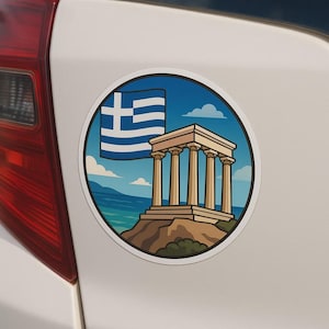 Adesivo con bandiera greca con tempio e vista mare per camper, laptop, auto, regalo per tifosi e viaggiatori dell'Hellas