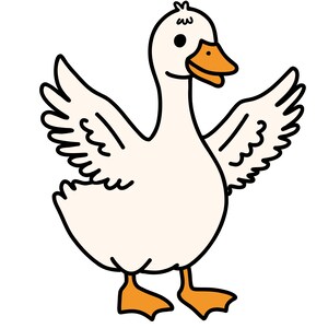 Könnte beinhalten: Cartoon-Illustration einer weißen Gans mit ausgebreiteten Flügeln. Die Gans hat einen orangefarbenen Schnabel und Füße, wobei schwarze Umrisse ihre Merkmale definieren. Die Flügel sind mit schwarzen Linien detailliert, und die Gans scheint zu stehen.