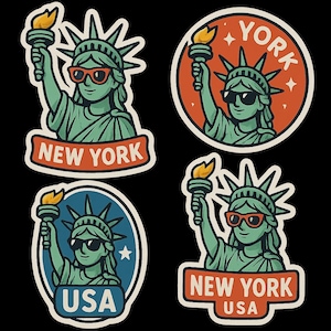 Set di 4 adesivi Statua della Libertà - Design dei cartoni animati di New York - Adesivo da viaggio negli Stati Uniti, Ragazza della libertà con occhiali da sole