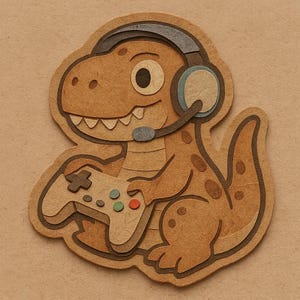 コントローラーとヘッドセットを備えたゲーマーとしての恐竜 - 面白い漫画ステッカー - 耐候性 - ゲーミング、恐竜ユーモアファンへのギフト