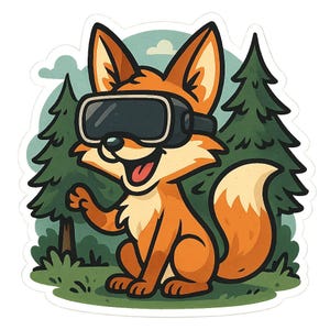 Adesivo di volpe con occhiali VR nella foresta. Divertenti adesivi a forma di fumetto per nerd, gamer, automobili, laptop o regali per gli appassionati di realtà virtuale.