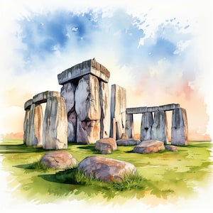 Peut inclure: Aquarelle de Stonehenge, représentant les grandes structures en pierre usées sur fond de ciel bleu et orange. L'œuvre d'art représente le monument ancien sur un champ herbeux vert, avec des rochers épars.