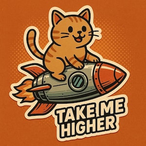 Gato en un cohete con la frase "Llévame más alto". Divertida pegatina de dibujos animados, resistente a la intemperie, regalo para amantes de los gatos, el espacio y el humor.