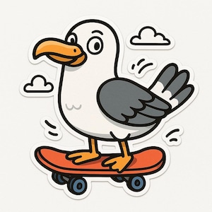 Pegatina de gaviota con patineta – Divertida pegatina para coche – Resistente a la intemperie, genial – Regalo para patinadores, amantes de la costa y amantes de las aves