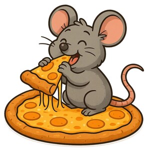 Könnte beinhalten: Cartoon-Illustration einer grauen Maus, die glücklich ein Stück Pizza isst. Die Pizza hat einen goldenen Rand und ist mit orangefarbener Peperoni belegt. Die Maus lächelt mit offenem Mund, und der Käse zieht sich vom Stück.