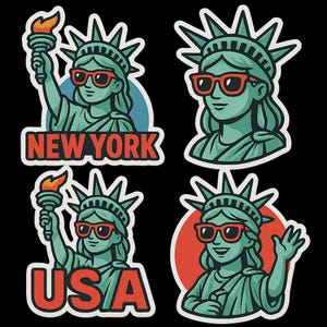 Set di 4 adesivi Statua della Libertà - Design dei cartoni animati di New York - Adesivo da viaggio negli Stati Uniti, Ragazza della libertà con occhiali da sole