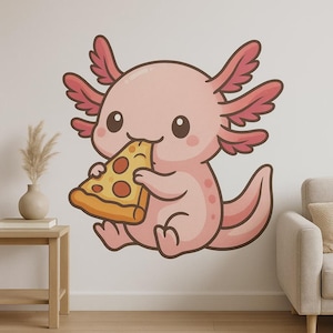 Könnte beinhalten: Cartoon-Illustration eines rosa Axolotls, das ein Stück Pizza isst. Der Axolotl hat große, runde Augen und federartige Kiemen. Das Pizzastück hat Peperoni-Beläge. Der Axolotl sitzt und der Hintergrund ist weiß.