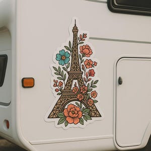 花のエッフェル塔ステッカー。花の要素が入ったロマンチックなパリステッカー。ノートパソコン、車、キャンピングカー、旅行、フランスへのギフトに。