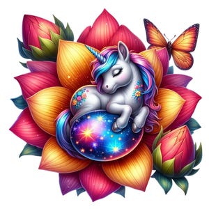 Puede incluir: Ilustración caprichosa de un unicornio durmiente en una flor vibrante. El unicornio tiene un cuerno azul y una melena y cola arcoíris. Los pétalos de la flor son rojos, amarillos y rosas, con una mariposa cerca. El unicornio descansa sobre un huevo cósmico.