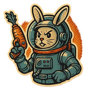 Conejito astronauta con pistola espacial de zanahoria – Pegatina divertida de dibujos animados – Resistente a la intemperie – Regalo para amantes del espacio, los animales y el humor