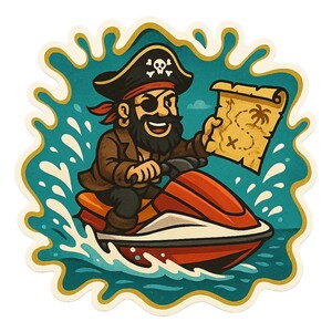 Pirat Sticker auf Jetski mit Schatzkarte Lustiger Comic Aufkleber für Meerfans Schatzsucher und Freibeuterinnen mit Stil