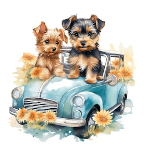 Yorkshire Terrier Sticker – Schattige Yorkshire Terrier in een retro auto als aquarel sticker met bloemen voor hondenliefhebbers en dierenliefhebbers decoratie