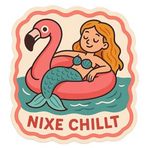 May include: A sticker featuring a cartoon mermaid relaxing on a pink flamingo float in blue water. The mermaid has orange hair, a teal seashell bra, and a teal tail. The sticker has the text "NIXE CHILLT" in red.