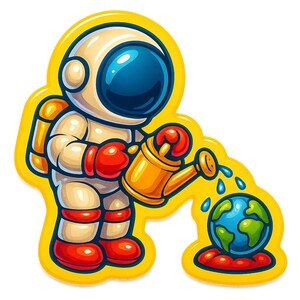 Astronauta con regadera regando la mini-tierra – Pegatina mágica de dibujos animados – Resistente a la intemperie – Regalo para amantes del espacio, el medio ambiente y el humor