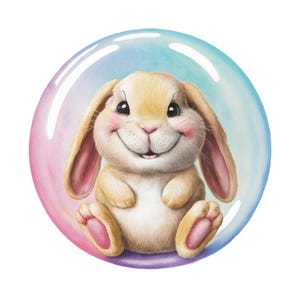 May include: A cheerful cartoon bunny with a light brown coat, pink inner ears, and rosy cheeks sits inside a colorful bubble. The bubble has a gradient of pink, blue, and purple hues. The bunny is smiling.