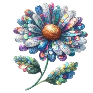 May include: A colorful daisy flower made of sequins with a green stem and leaves. The flower is made of iridescent sequins in shades of blue, green, pink, and purple.