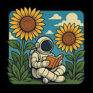 Astronauta galattico in un mare di fiori, seduto tra i girasoli mentre legge un libro. Adesivo a forma di cartone animato resistente alle intemperie: regalo per gli appassionati di libri sullo spazio.