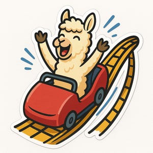 ジェットコースターに乗ったアルパカのステッカー2枚 - 面白い車のステッカー - 耐候性、ワイルド - 動物愛好家、子供、テーマパークファンへのギフト