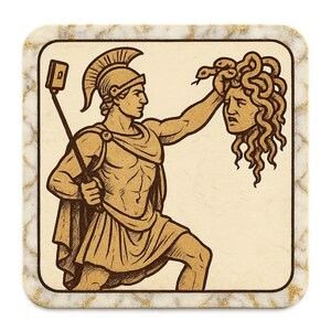 Adesivo di Perseo con selfie stick davanti a Medusa. Divertente adesivo a fumetti per gli amanti del mito, i re dei selfie e gli appassionati di storia greca.