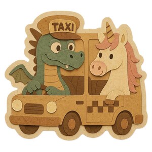 ユニコーンを乗せたタクシー運転手のドラゴン – 面白い漫画ステッカー – 耐候性 – ファンタジー、動物、ユーモアファンへのギフト