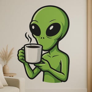 Alien with Coffee Cup Wall Sticker Funny Cartoon Decal for Wall RV Laptop Gift for Coffee Junkies, Sci-Fi and Humor Fans