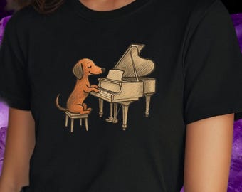 T-shirt da donna con stampa di un bassotto che suona il pianoforte, in cotone di alta qualità, casual e con un motivo unico, disponibile in molte taglie dalla S alla 3XL.