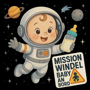 Misión Windel – Pegatina de bebé a bordo con un bebé astronauta – Divertida pegatina para el coche para padres – Resistente a la intemperie y con mucho humor