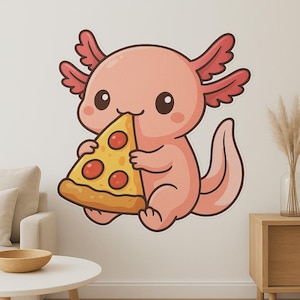 Bonita pegatina de pared de ajolote comiendo pizza: divertido motivo de anfibios para la cocina, la habitación de los niños o la decoración de la autocaravana para los amantes de la pizza y los fans del kawaii.