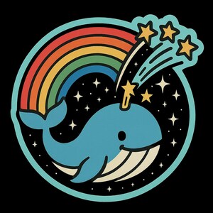 流れ星を吹き出す虹色のクジラ – 魔法の漫画ステッカー – 耐候性 – ファンタジー、海、星のファンへのギフト