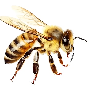 Könnte beinhalten: Nahaufnahme einer Honigbiene mit schwarzen und gelben Streifen, braunen Beinen und durchsichtigen Flügeln. Die Biene ist im Flug mit ausgestreckten Beinen.