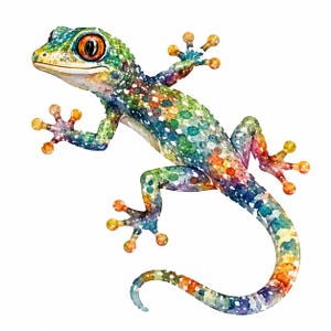 Könnte beinhalten: Eine Aquarellillustration eines Geckos mit einem lebendigen, mehrfarbigen Muster aus grünen, blauen, orangefarbenen und gelben Flecken. Die Eidechse hat große, markante orangefarbene Augen, einen langen, geschwungenen Schwanz und vier Füße mit runden Zehen.