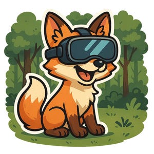 Adesivo di volpe con occhiali VR nella foresta. Divertenti adesivi a forma di fumetto per nerd, gamer, automobili, laptop o regali per gli appassionati di realtà virtuale.