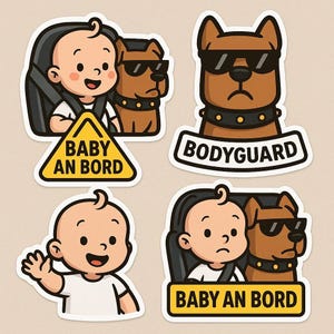 Set de pegatinas "Bebé a bordo" con perro. Bonita pegatina para coche con bebé y guardaespaldas. Diseño de dibujos animados, resistente a la intemperie.
