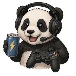 Puede incluir: Un panda de dibujos animados con auriculares y micrófono, sosteniendo una lata azul de bebida energética con un rayo amarillo y un mando de videojuegos negro. El panda tiene una expresión feliz.