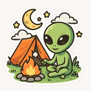 Alien Camping Sticker – Funny Car Sticker – Weatherproof, Extraterrestrial – Gift for Sci-Fi Fans, Campers, and Nerds