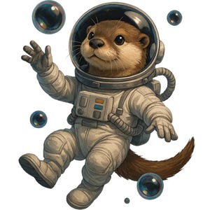 Può includere: Illustrazione di una lontra con una tuta spaziale e un casco, che fluttua tra le bolle. La lontra è marrone e beige, con una tuta spaziale bianca. Le bolle sono blu scuro e riflettenti.