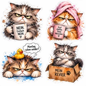 Könnte beinhalten: Vier Aufkleber mit mürrischen Katzen. Eine hält eine Tasse mit 'NEIN. Einfach NEIN.', eine andere eine rosa Tasse mit 'Erst Kaffee. Dann Menschen.', eine hat eine gelbe Quietscheente mit 'Montag schon wieder?' und eine sitzt in einer Kiste mit 'MEIN REVIER'.
